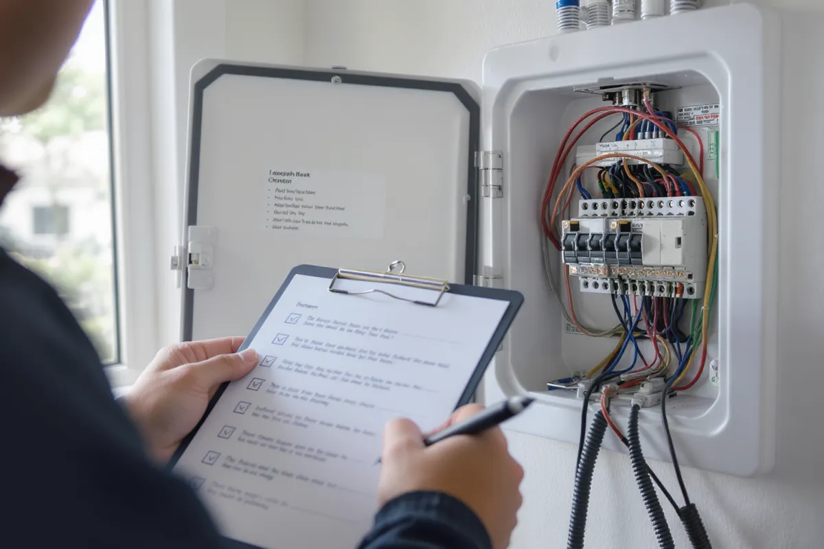 Elektriker utför elbesiktning av villa och kontrollerar elcentral