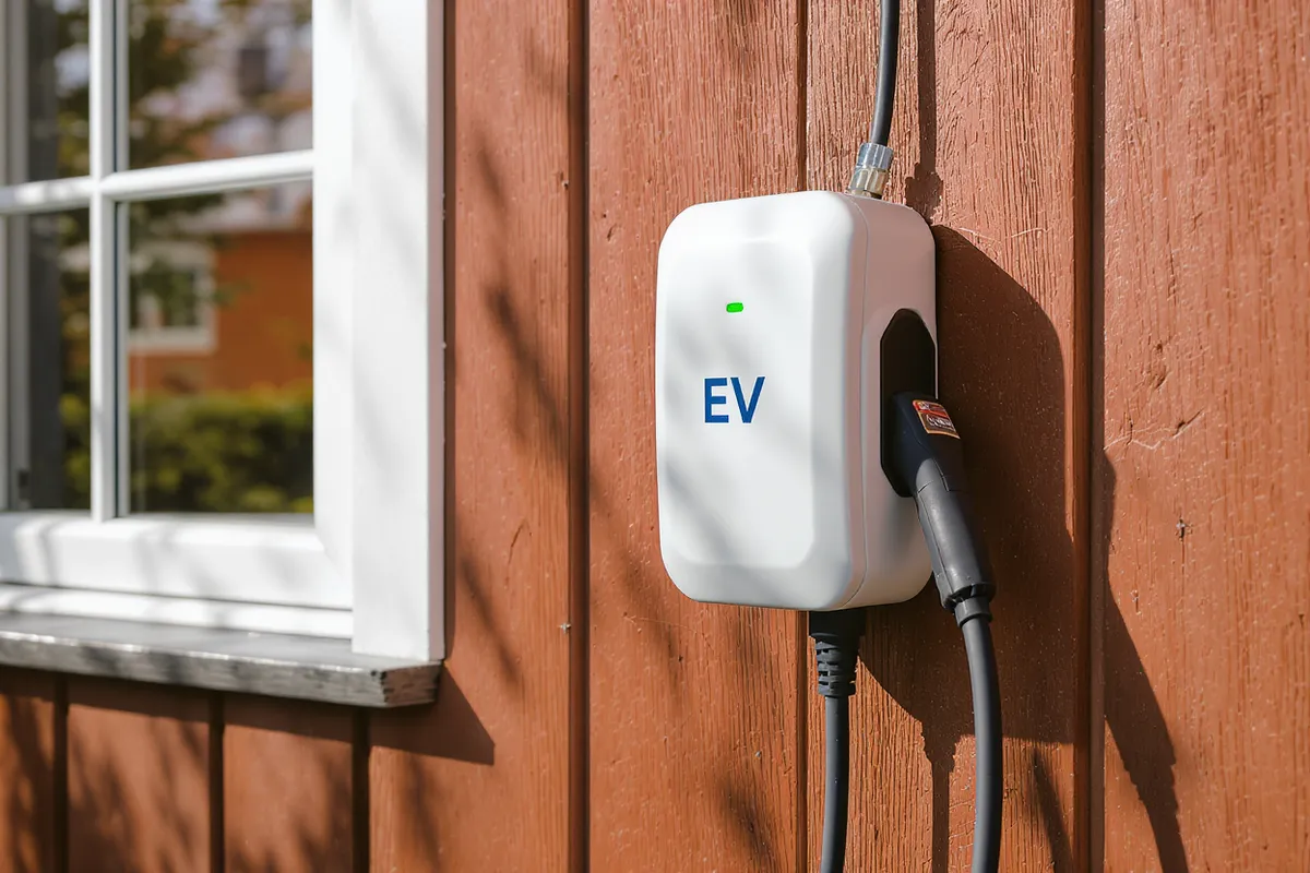 Laddbox för elbil installerad på husvägg av behörig elektriker