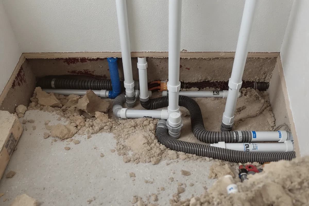 Rörmokare lägger nya vatten- och avloppsrör i nybyggd villa